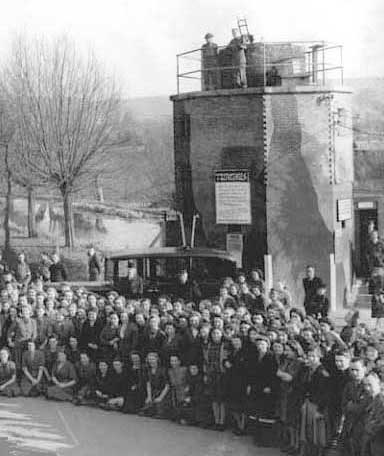 Bonds Mill block house when Queen Mary, the Queen Mother, visited the Sperry factory in 1941. (Peckham Collection via Stonehouse History Group)