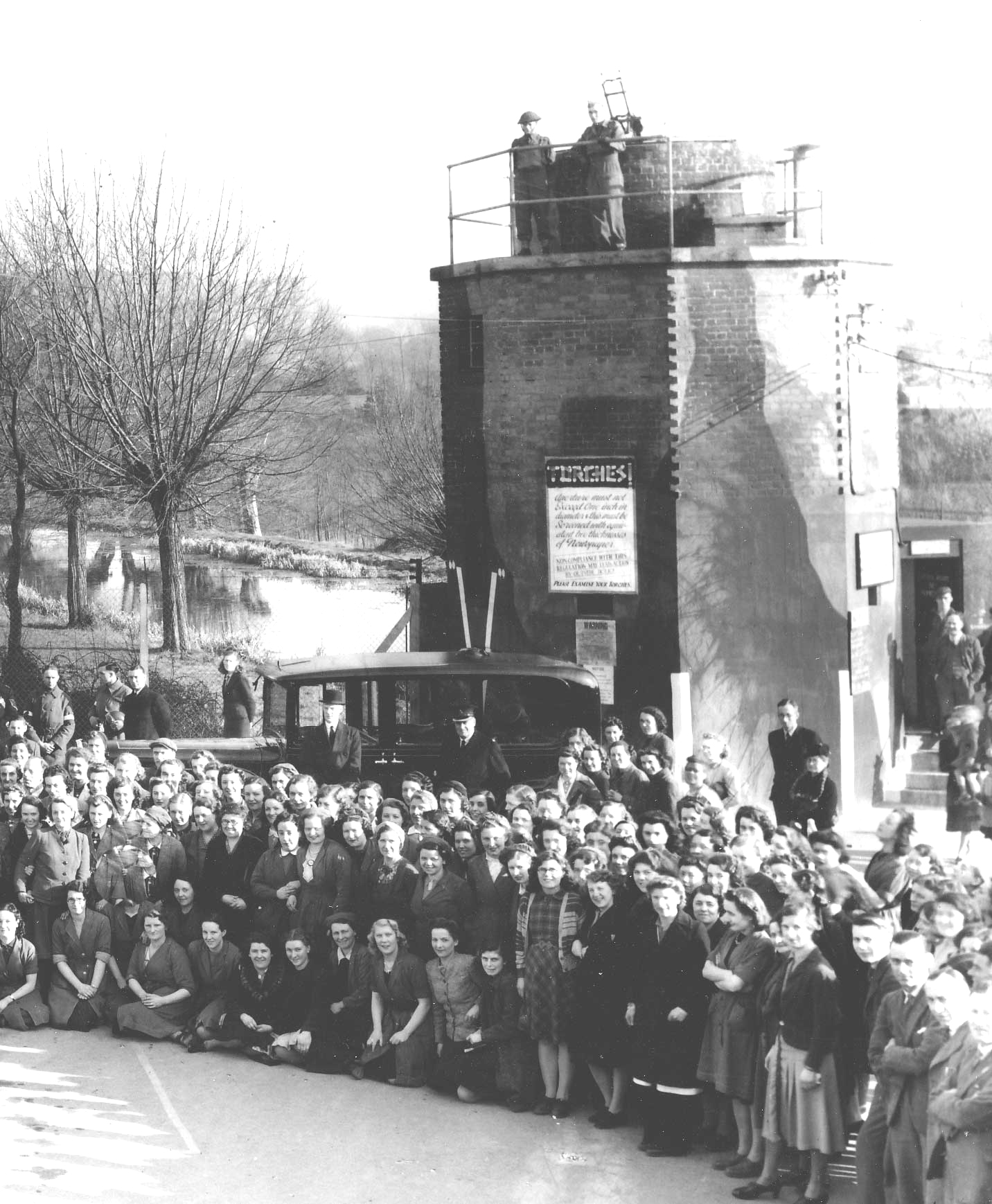 Bond's Mill block house when Queen Mary, the Queen Mother, visited the Sperry factory in 1941. (Peckham Collection)