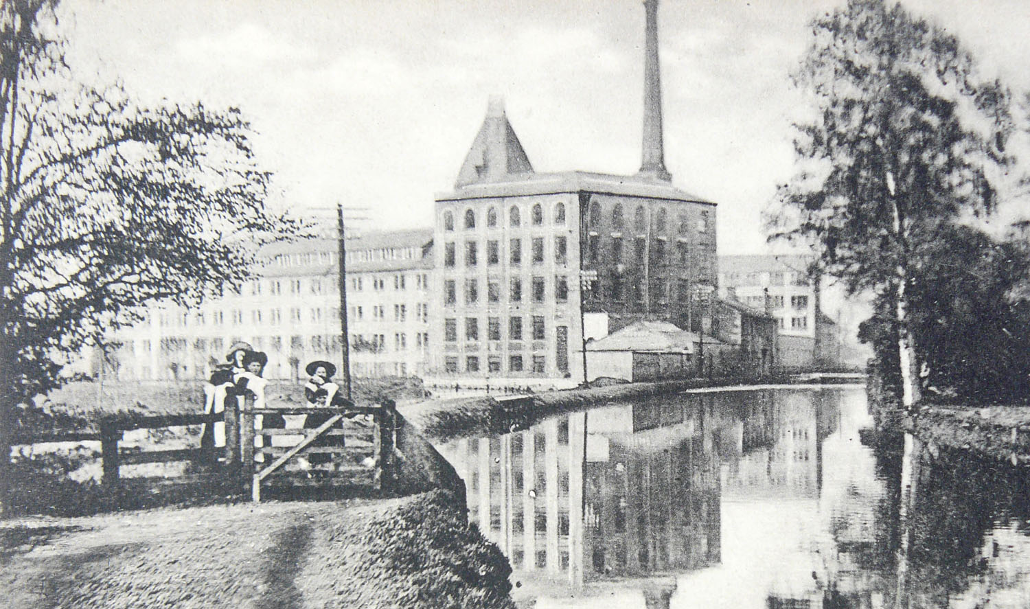 Ebley Mill with the roof of the clock tower on the skyline